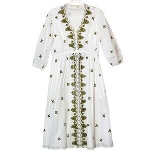 Wayward Fancies Midi Dress White Embroidered V Neck Cotton Cottage Boho L/12